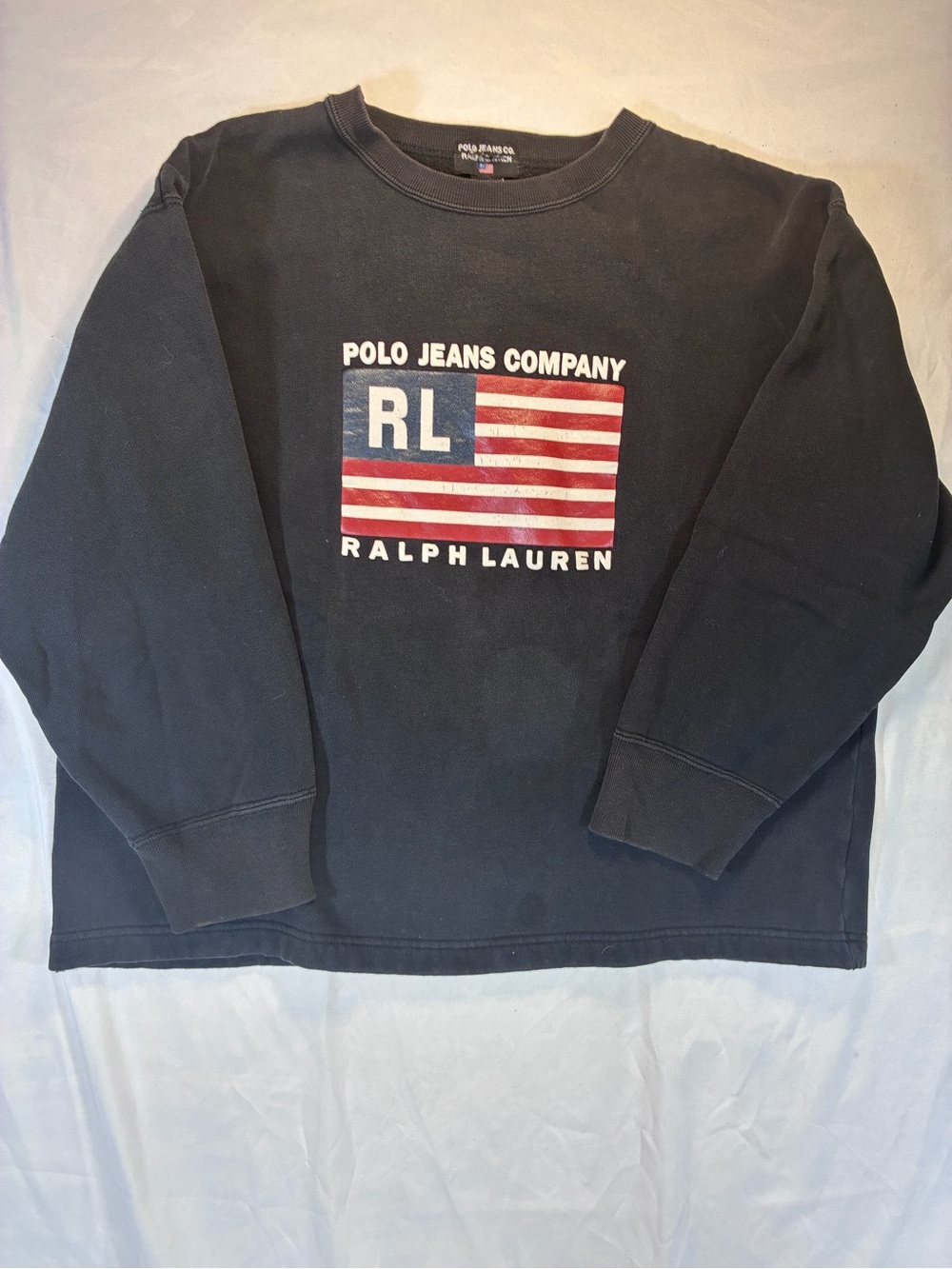 Vintage Ralph Lauren Navy Crewneck Sweatshirt with Flag M/L